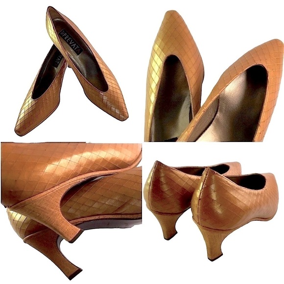 PREVATA Shoes Pointed Toe Cognac Snakeskin Leather Pumps Size 9A - Picture 2 of 11